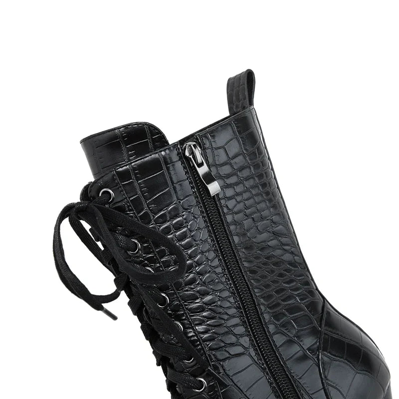 Damen Schnürstiefel mit Krokodilprägung – Western Stil mit Spitze
