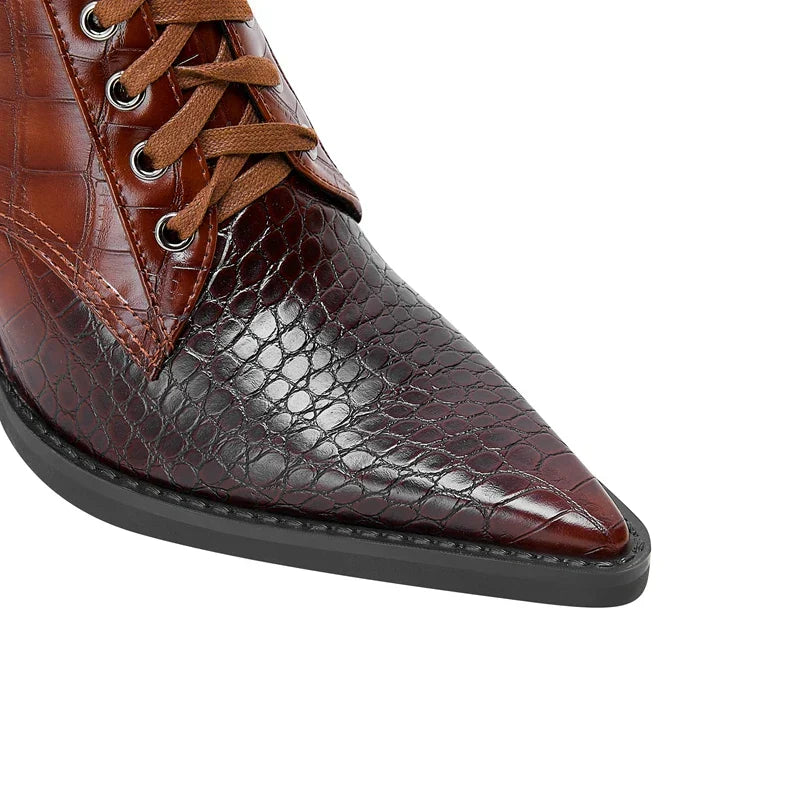 Damen Schnürstiefel mit Krokodilprägung – Western Stil mit Spitze