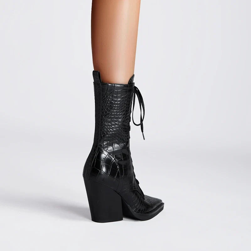 Damen Schnürstiefel mit Krokodilprägung – Western Stil mit Spitze