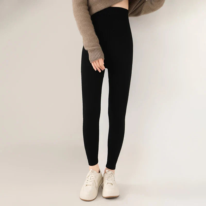 Strick-Kaschmir-Leggings mit Hoher Taille – Feinstrick Damenleggings in Neutralen Farbtönen