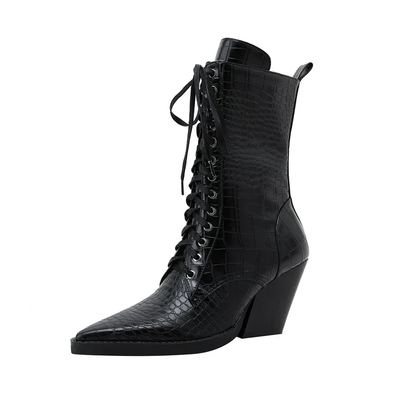 Damen Schnürstiefel mit Krokodilprägung – Western Stil mit Spitze