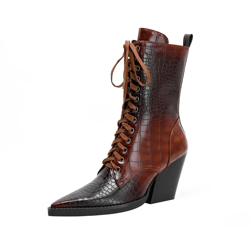 Damen Schnürstiefel mit Krokodilprägung – Western Stil mit Spitze