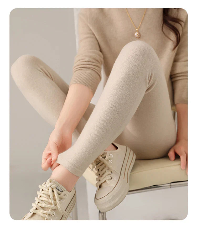 Strick-Kaschmir-Leggings mit Hoher Taille – Feinstrick Damenleggings in Neutralen Farbtönen