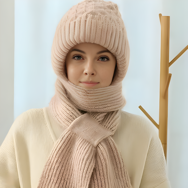 Strick-Wintermütze mit Integriertem Schal – 2-in-1 Design