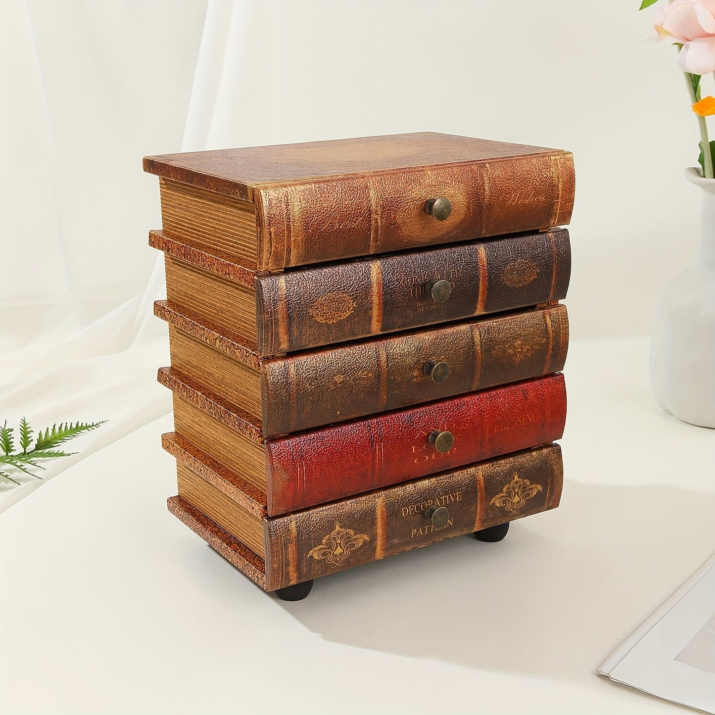 Klassische Buchformige Aufbewahrungsbox mit Fünf Schubladen – Zeitlose Organisation für Zuhause und Büro