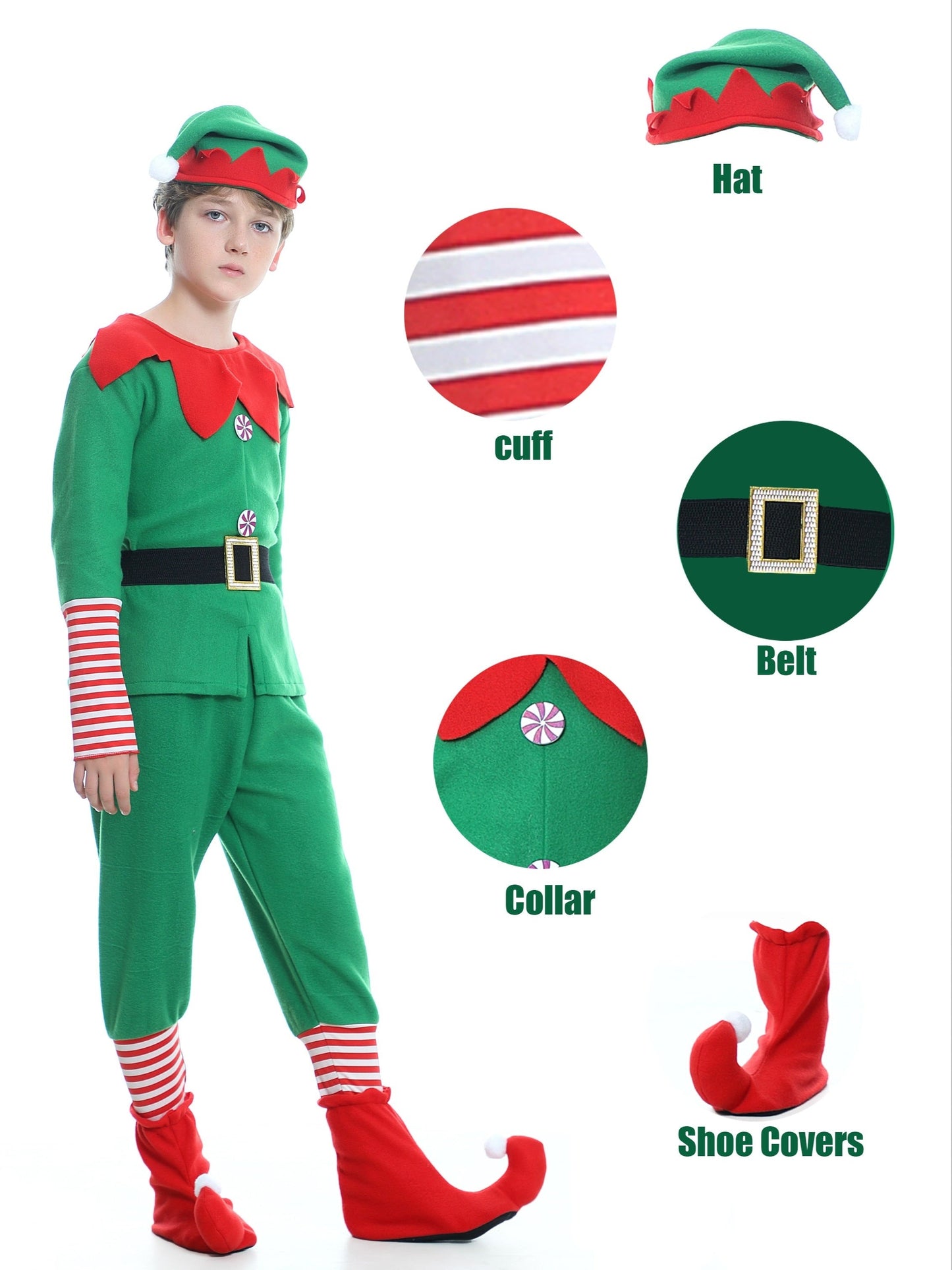 Lustiges Weihnachts-Elfen-Outfit für Kinder – Komplett mit Hut, Shirt, Hose und Schuhüberzügen