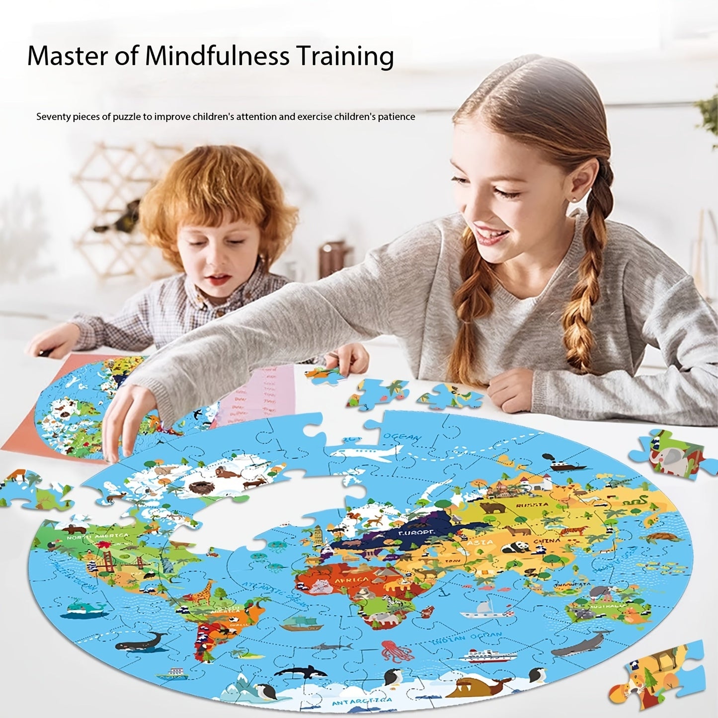 70-teiliges Tierbodenpuzzle – Rundes Weltkarten-Design für Kinder