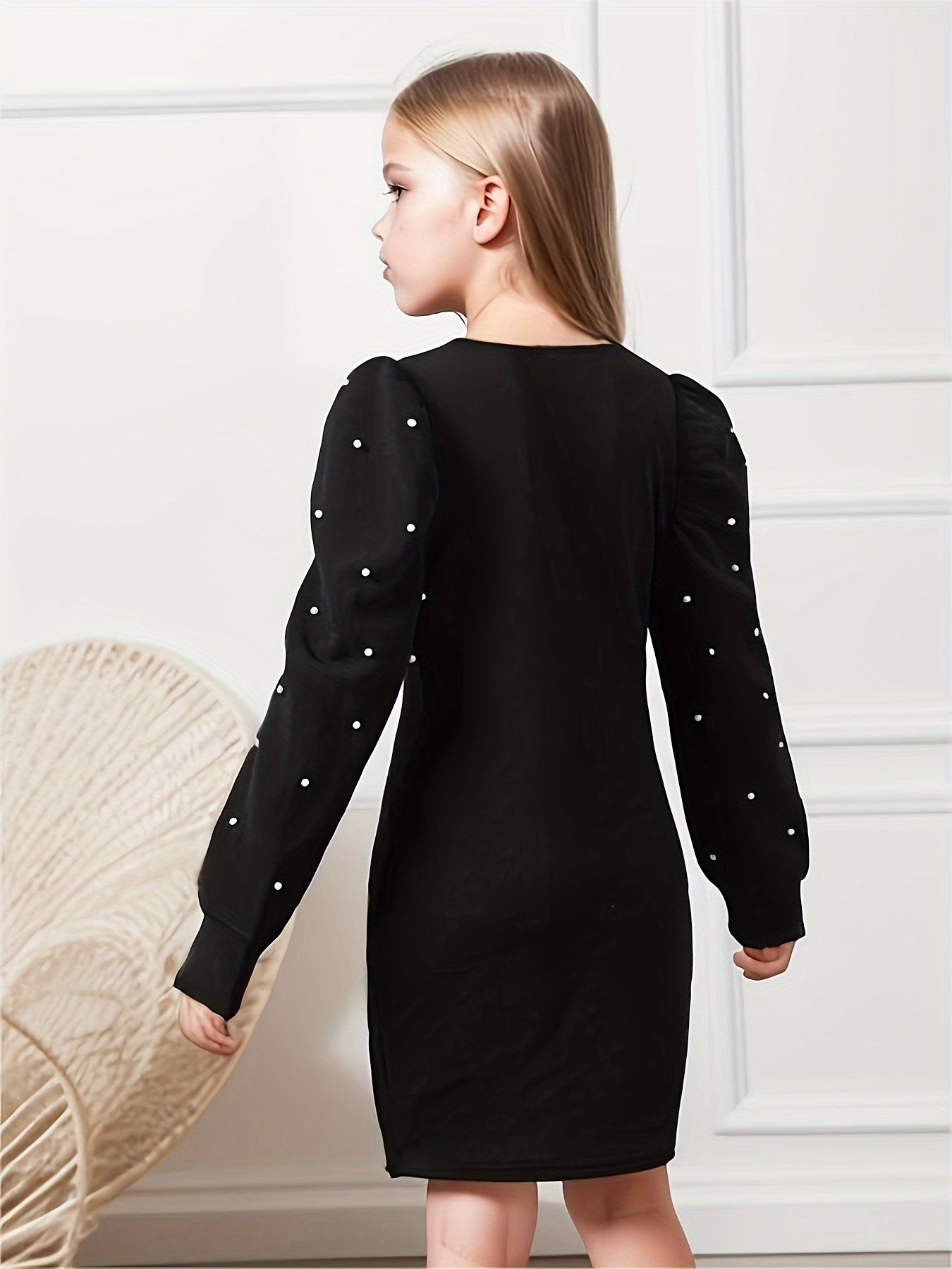 Elegante Mädchen Bodycon Kleid – Lange Ärmel mit Puffärmeln und Perlendetails