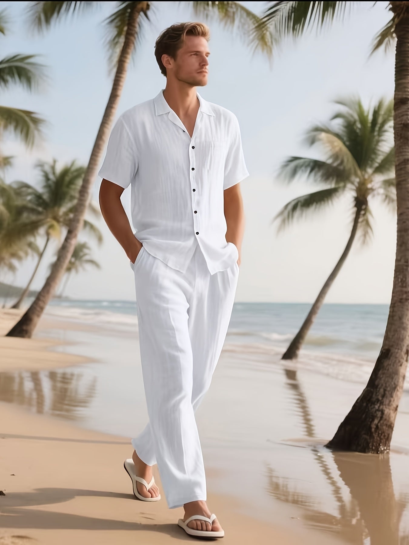 Herren Casual Leinen Set – Bequem und Luftig mit Langer Hose und Kurzen Ärmeln
