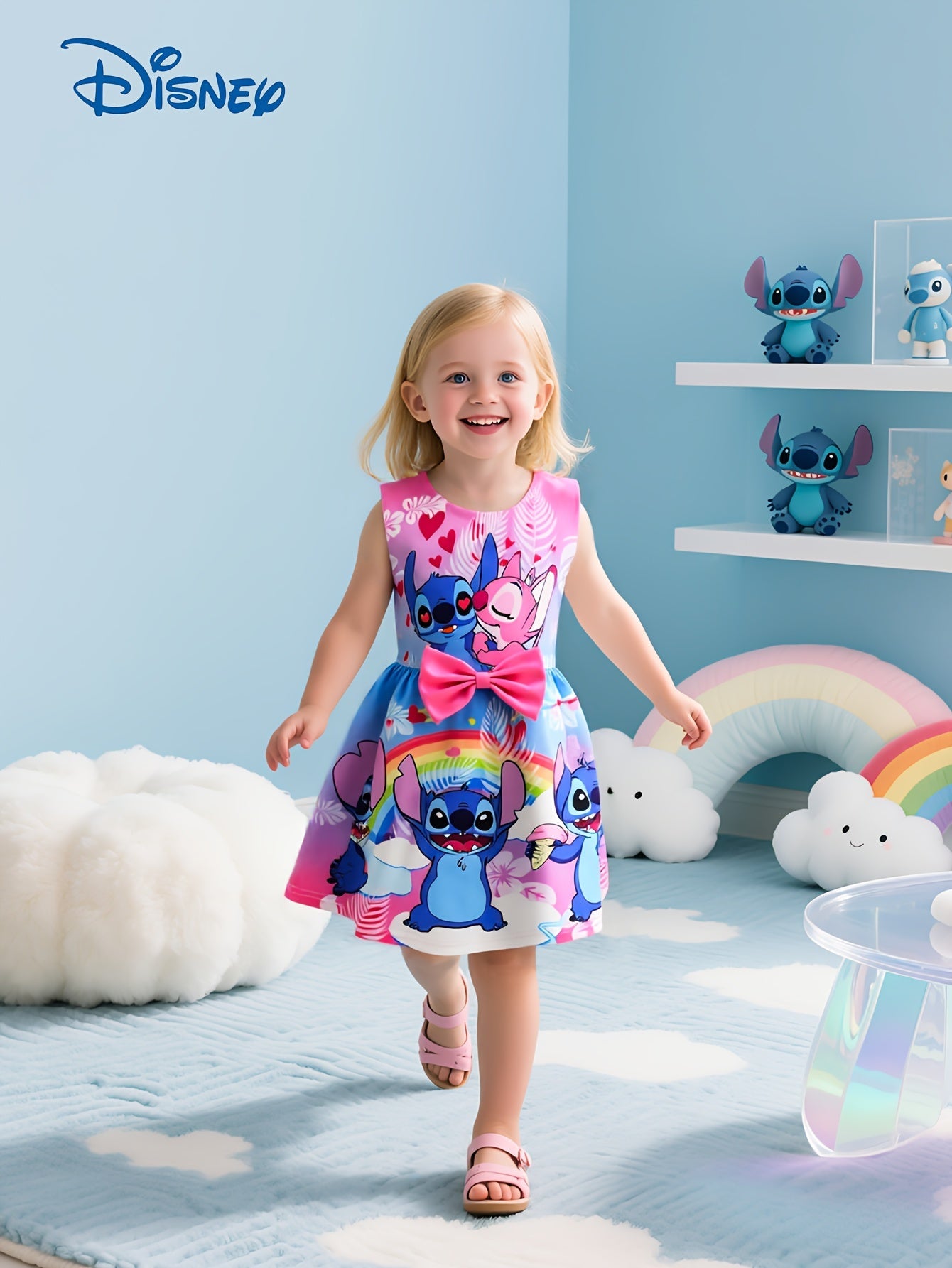 Disney Stitch Mädchen Ärmelloses Rundhalskleid mit Schleife & Blumenmuster - Leichter Polyester-Spandex