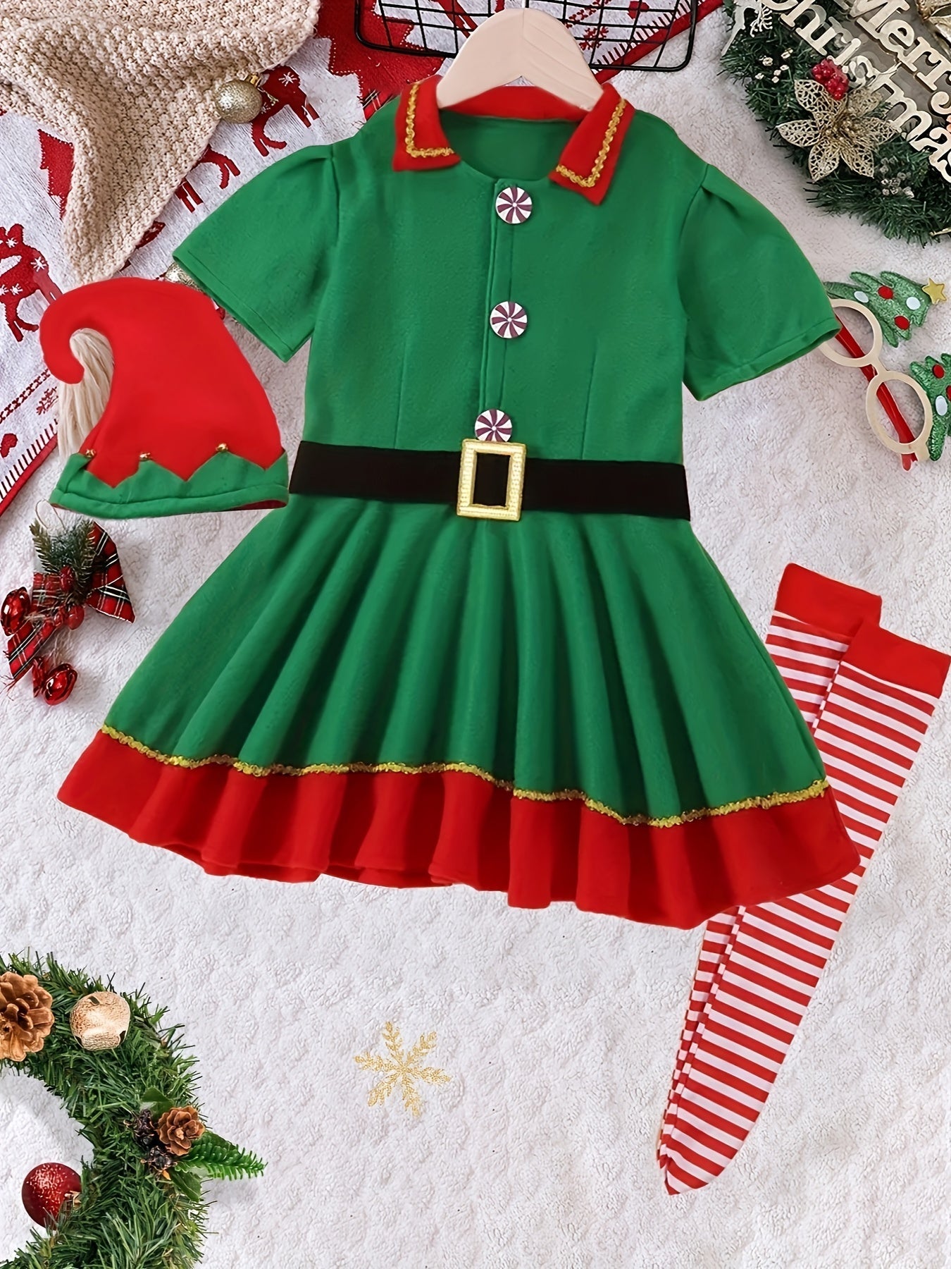 Mila's Magisches Weihnachts-Elfenoutfit für Kinder - Inklusive Kleid, Hut, Socken und Gürtel