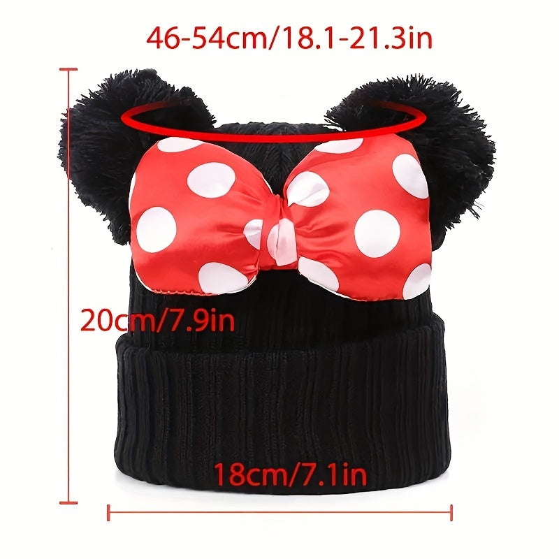 Sanne Niedlicher Minnie Hut für Kinder – Gestrickte Beanie mit Schleife und Pompons