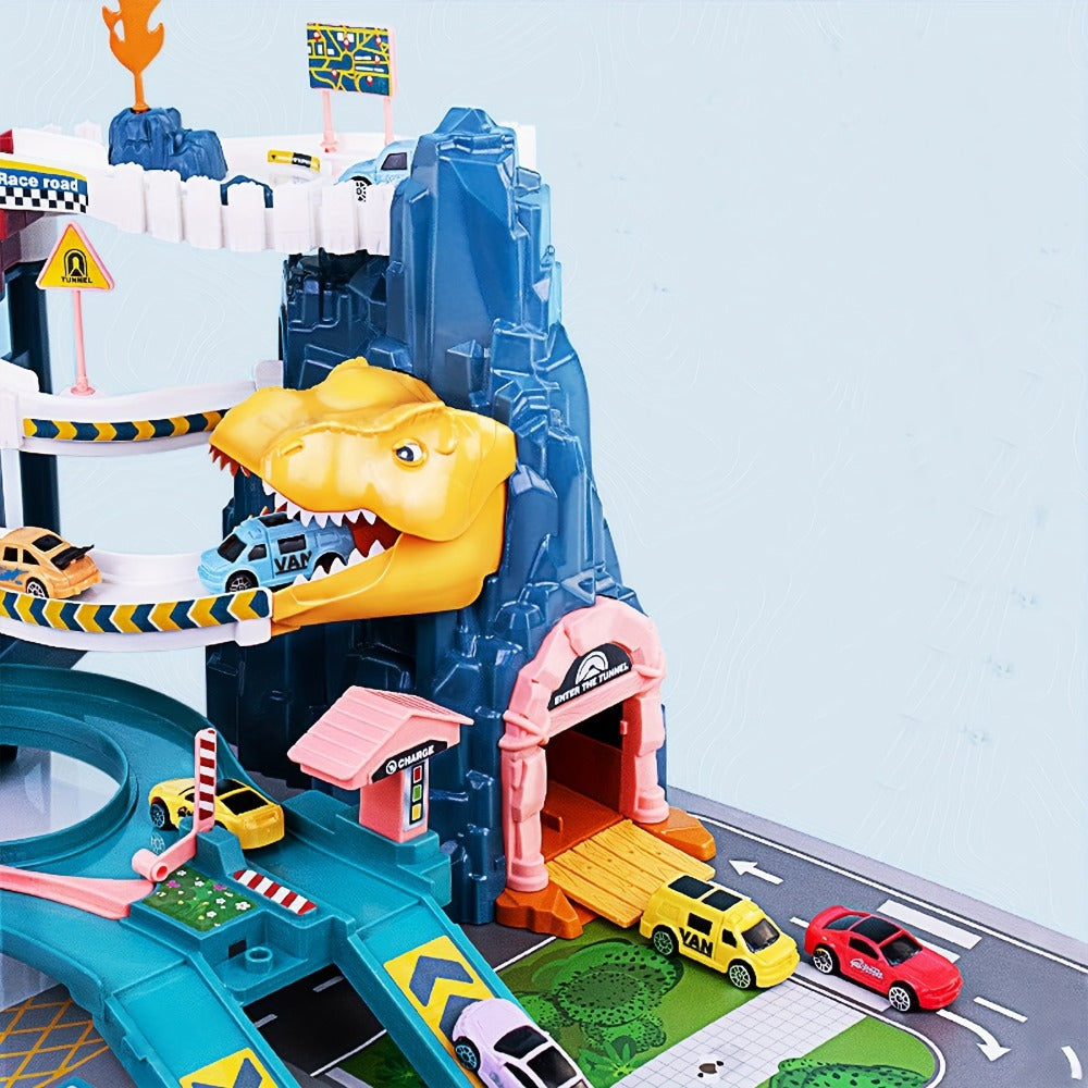 JurassicRacer Abenteuer Set - Spannende Rennbahn mit Dinosauriern und Fahrzeugen für Kinder