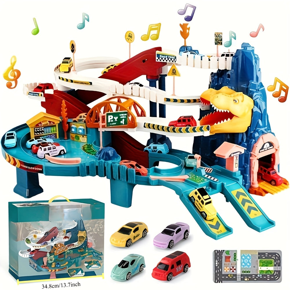 JurassicRacer Abenteuer Set - Spannende Rennbahn mit Dinosauriern und Fahrzeugen für Kinder