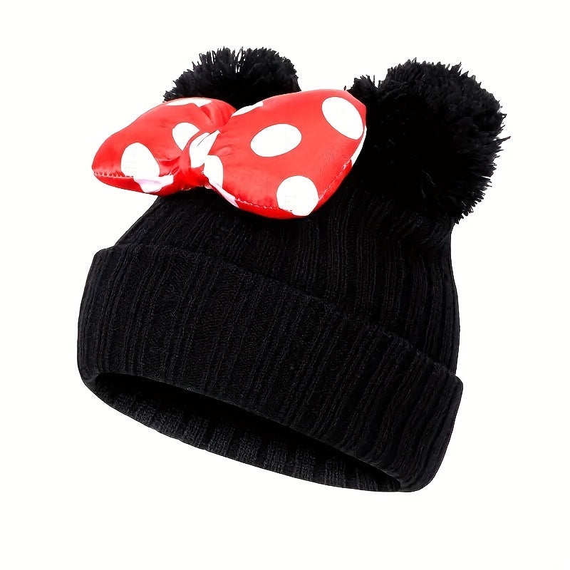 Sanne Niedlicher Minnie Hut für Kinder – Gestrickte Beanie mit Schleife und Pompons