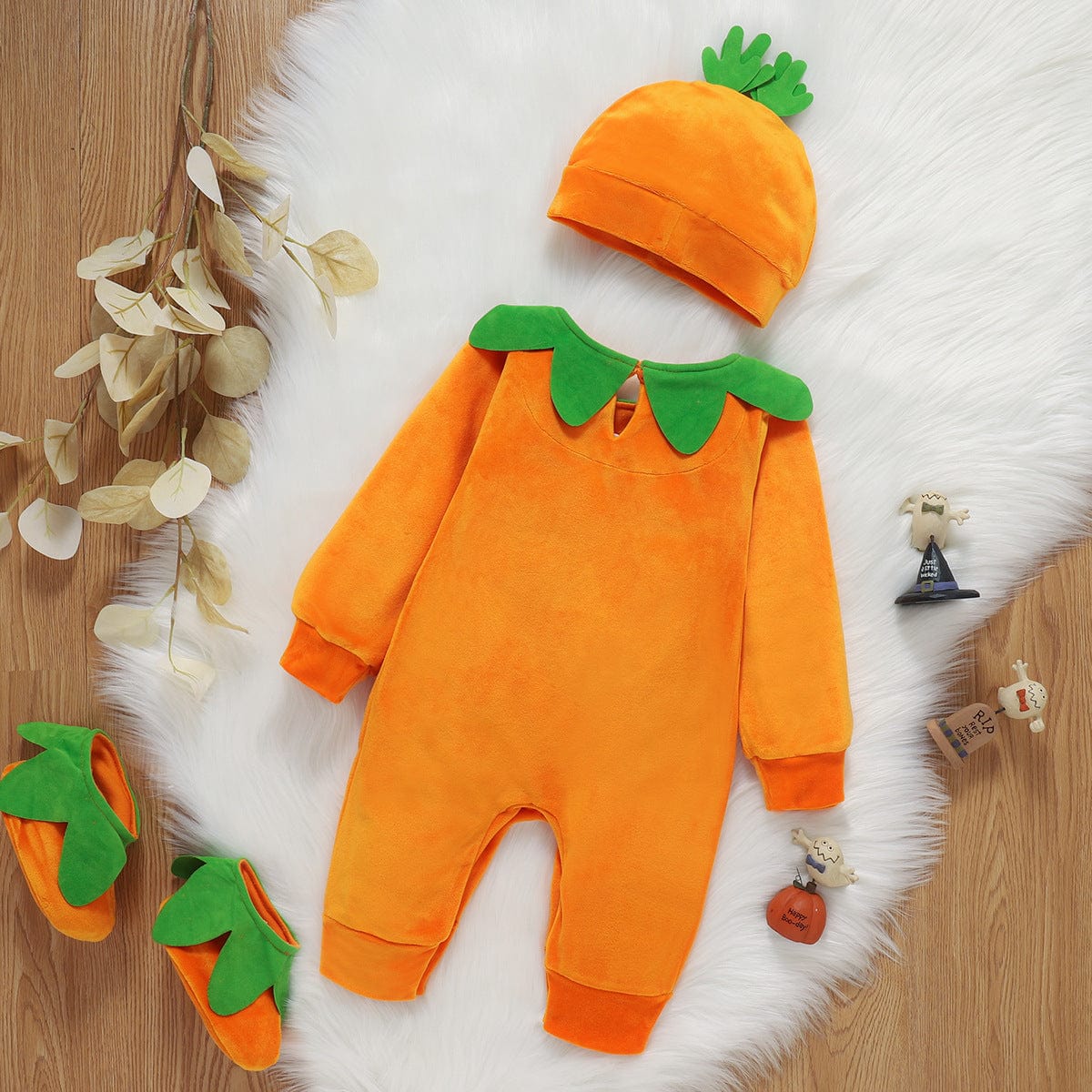 Halloween Kürbis Outfit für Kinder - Niedlicher Jumpsuit mit Mütze und Hausschuhen