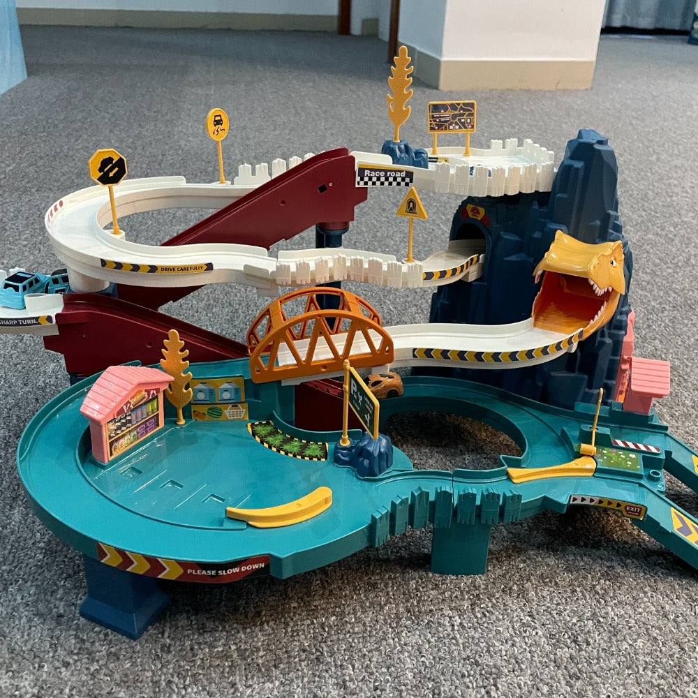 JurassicRacer Abenteuer Set - Spannende Rennbahn mit Dinosauriern und Fahrzeugen für Kinder