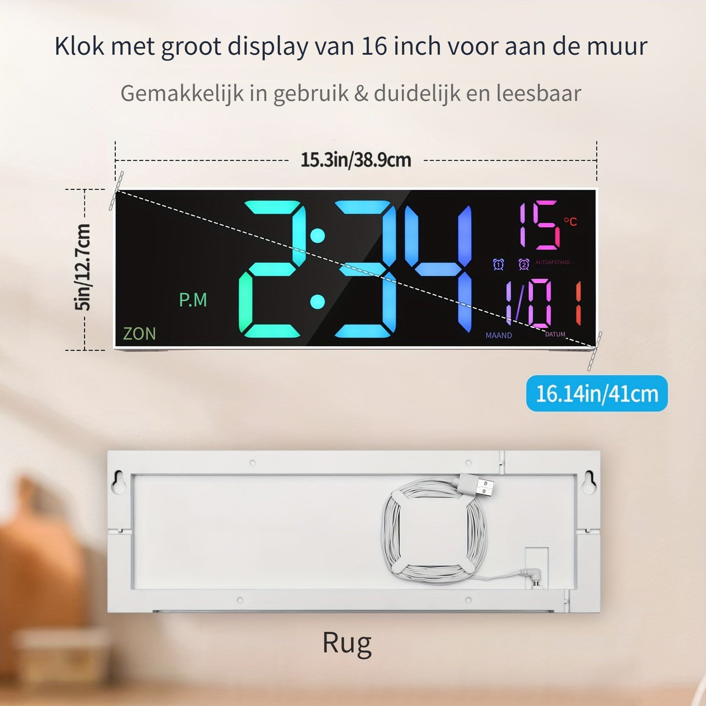 LumiWall Digitale Wanduhr – Groß, Farblich und Leicht Ablesbar