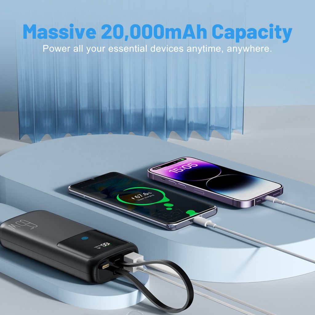VoltMate Pro 65W – Schlanke Multilade-Powerbank mit Touch-Display