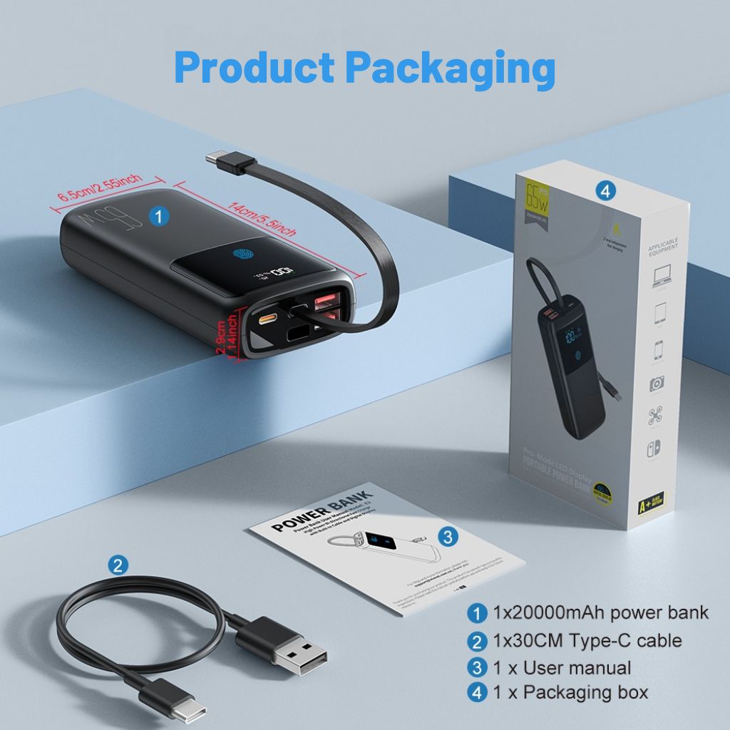 VoltMate Pro 65W – Schlanke Multilade-Powerbank mit Touch-Display