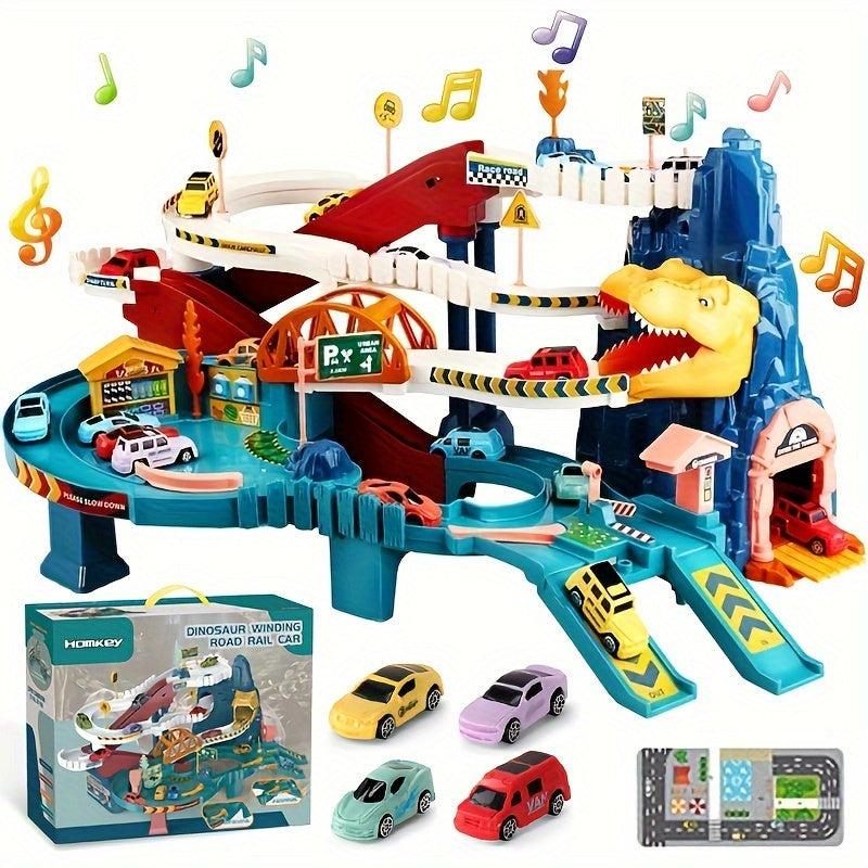JurassicRacer Abenteuer Set - Spannende Rennbahn mit Dinosauriern und Fahrzeugen für Kinder