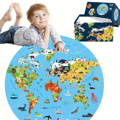 70-teiliges Tierbodenpuzzle – Rundes Weltkarten-Design für Kinder