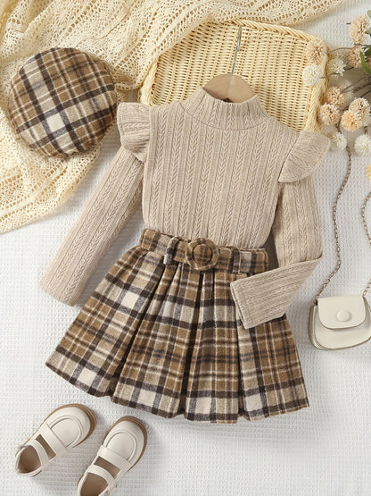 Emma Winter Outfit für Kinder – Rollkragenpullover mit Karorock und Mütze