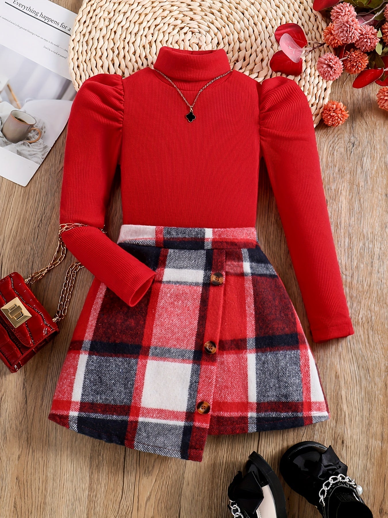 Elegantes Turtleneck Outfit für Kinder - Karorock und Pullover Set