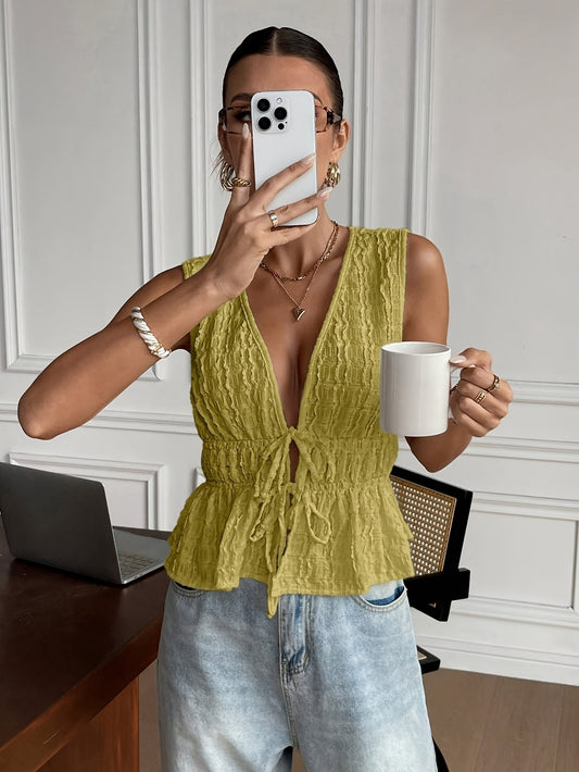 Damen Casual Elegante Ärmellose Bluse – Französisch Stilvoll mit V-Ausschnitt und Rüschen