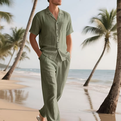 Herren Casual Leinen Set – Bequem und Luftig mit Langer Hose und Kurzen Ärmeln