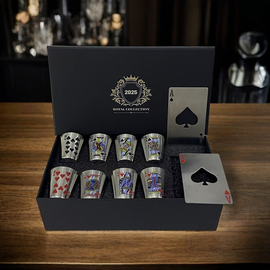 Royal Playing Card Whiskey Glass Set – Edelstahl & Flaschenöffner