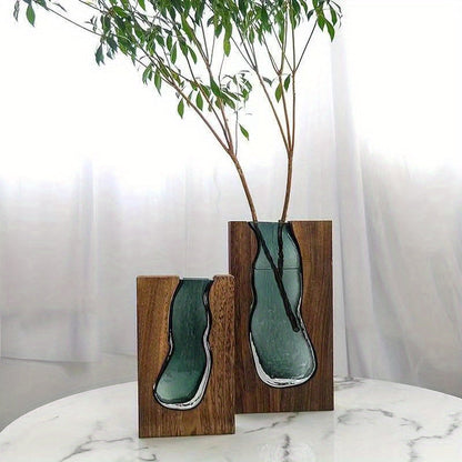 Elegante Glasvase mit Holzfuß – Stilvolle Dekoration für jeden Raum