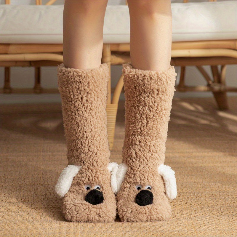 Damen Kuschel Cartoon Hund Wintersocken - Weiche und Warme Haussocken mit Niedlichem Tierdesign