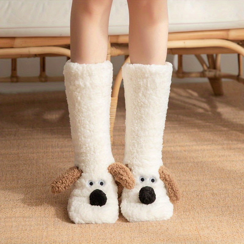 Damen Kuschel Cartoon Hund Wintersocken - Weiche und Warme Haussocken mit Niedlichem Tierdesign