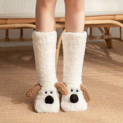 Damen Kuschel Cartoon Hund Wintersocken - Weiche und Warme Haussocken mit Niedlichem Tierdesign