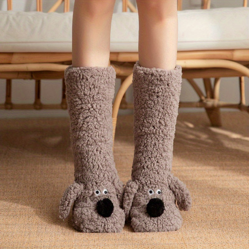 Damen Kuschel Cartoon Hund Wintersocken - Weiche und Warme Haussocken mit Niedlichem Tierdesign