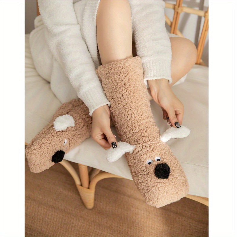 Damen Kuschel Cartoon Hund Wintersocken - Weiche und Warme Haussocken mit Niedlichem Tierdesign