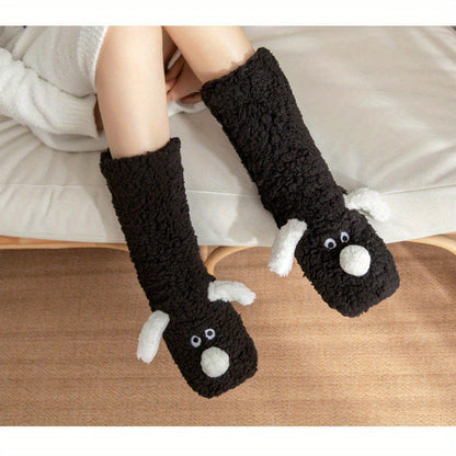 Damen Kuschel Cartoon Hund Wintersocken - Weiche und Warme Haussocken mit Niedlichem Tierdesign