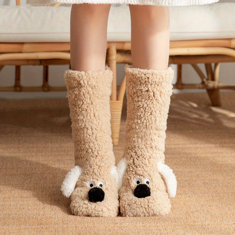 Damen Kuschel Cartoon Hund Wintersocken - Weiche und Warme Haussocken mit Niedlichem Tierdesign