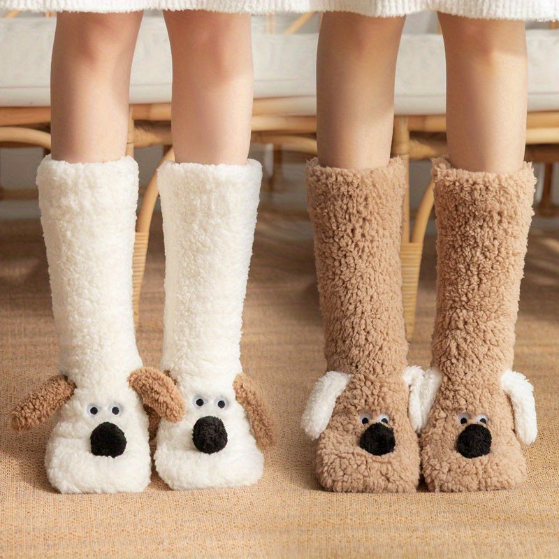 Damen Kuschel Cartoon Hund Wintersocken - Weiche und Warme Haussocken mit Niedlichem Tierdesign