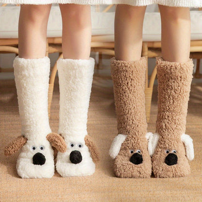 Damen Kuschel Cartoon Hund Wintersocken - Weiche und Warme Haussocken mit Niedlichem Tierdesign