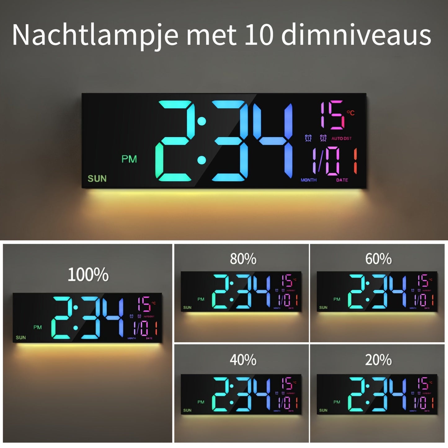 LumiWall Digitale Wanduhr – Groß, Farblich und Leicht Ablesbar