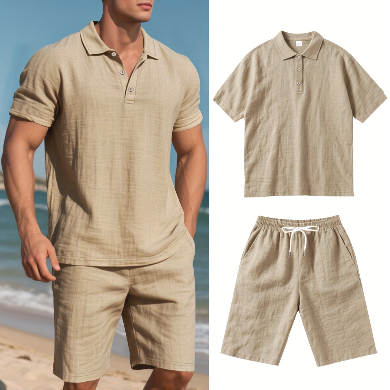 Herren Leinen Polo und Shorts Set – Bequem und Lässig für Warme Tage