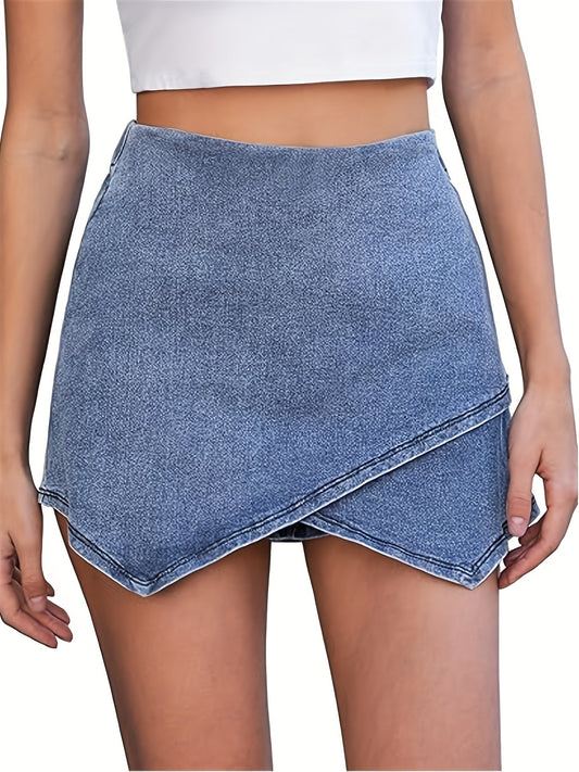 Damen Denim Rock mit Asymmetrischem Saum und Schneeflockenmuster – Rock und Shorts Kombination