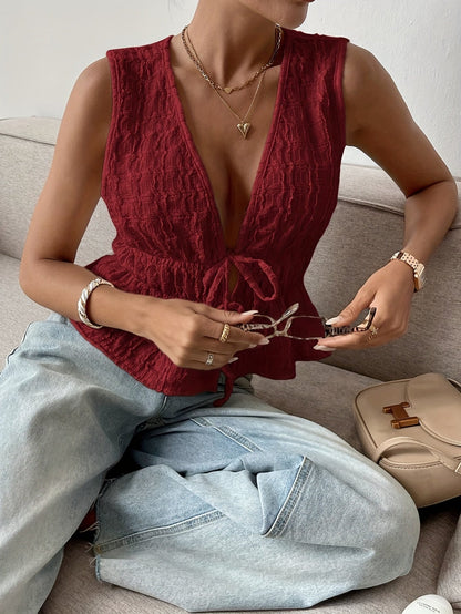 Damen Casual Elegante Ärmellose Bluse – Französisch Stilvoll mit V-Ausschnitt und Rüschen