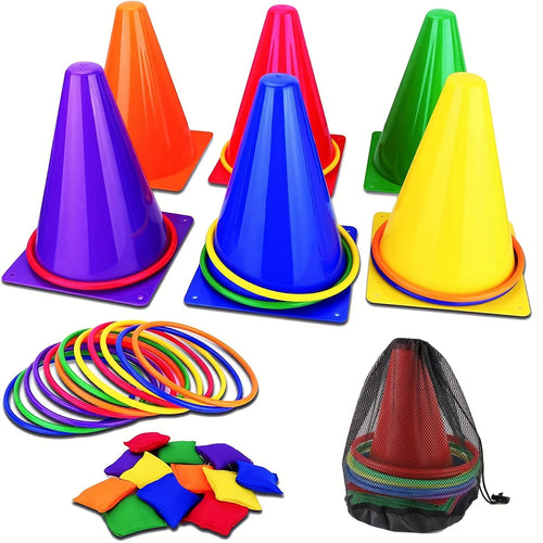 Buntes Ringwurf-Set – Kegel, Ringe und Stoffbeutel für Familienspaß