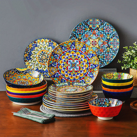 24-teiliges Diner-Set – Steinzeug im Boho-Stil