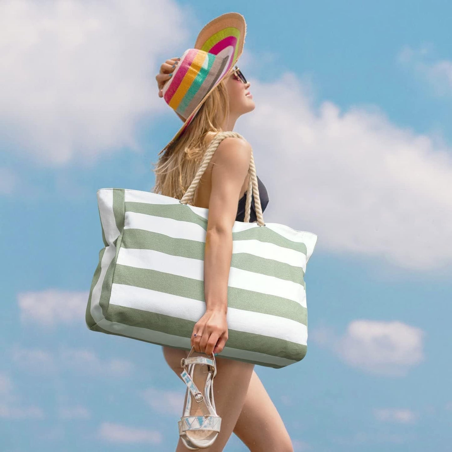 Gestreifte Strandtasche mit großem Fassungsvermögen – Langlebiges Polyester mit Reißverschluss