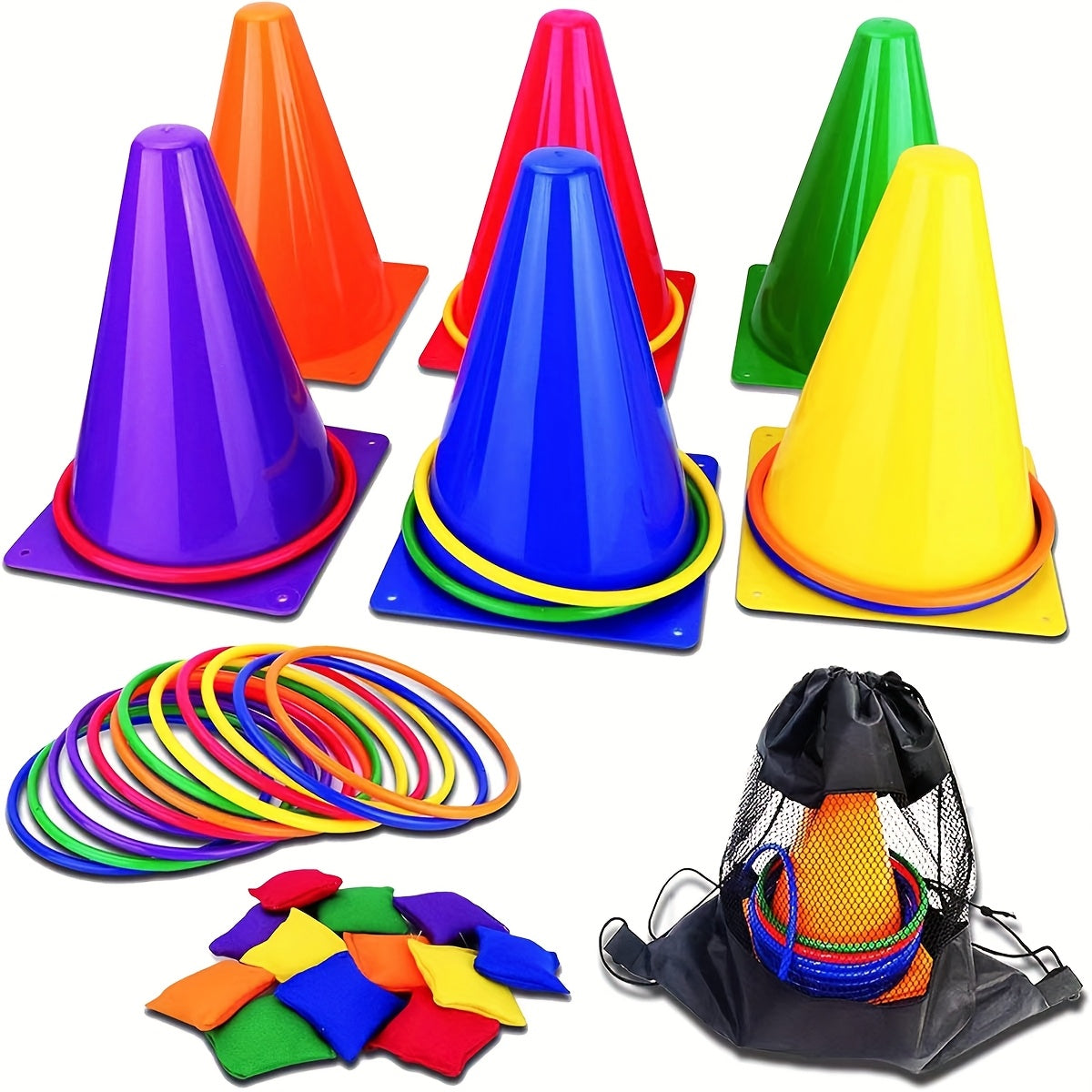 Buntes Ringwurf-Set – Kegel, Ringe und Stoffbeutel für Familienspaß