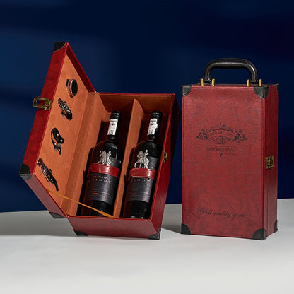 Klassischer 2-Flaschen-Weinträger mit Zubehör – Tragbare Geschenkbox